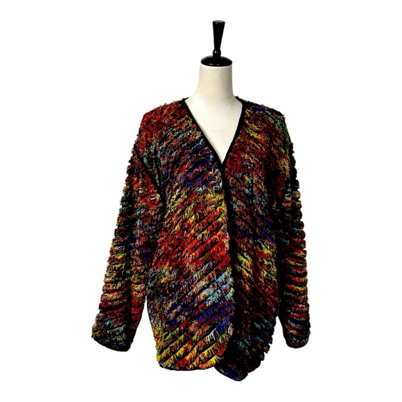 Yak Magik Sweater Cardigan Open Front Black Orange Multi Women’s Size Medium - Picture 1 of 13